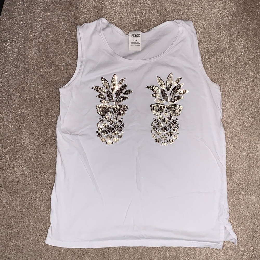 PINK white tank top with bling pineapples on front size small